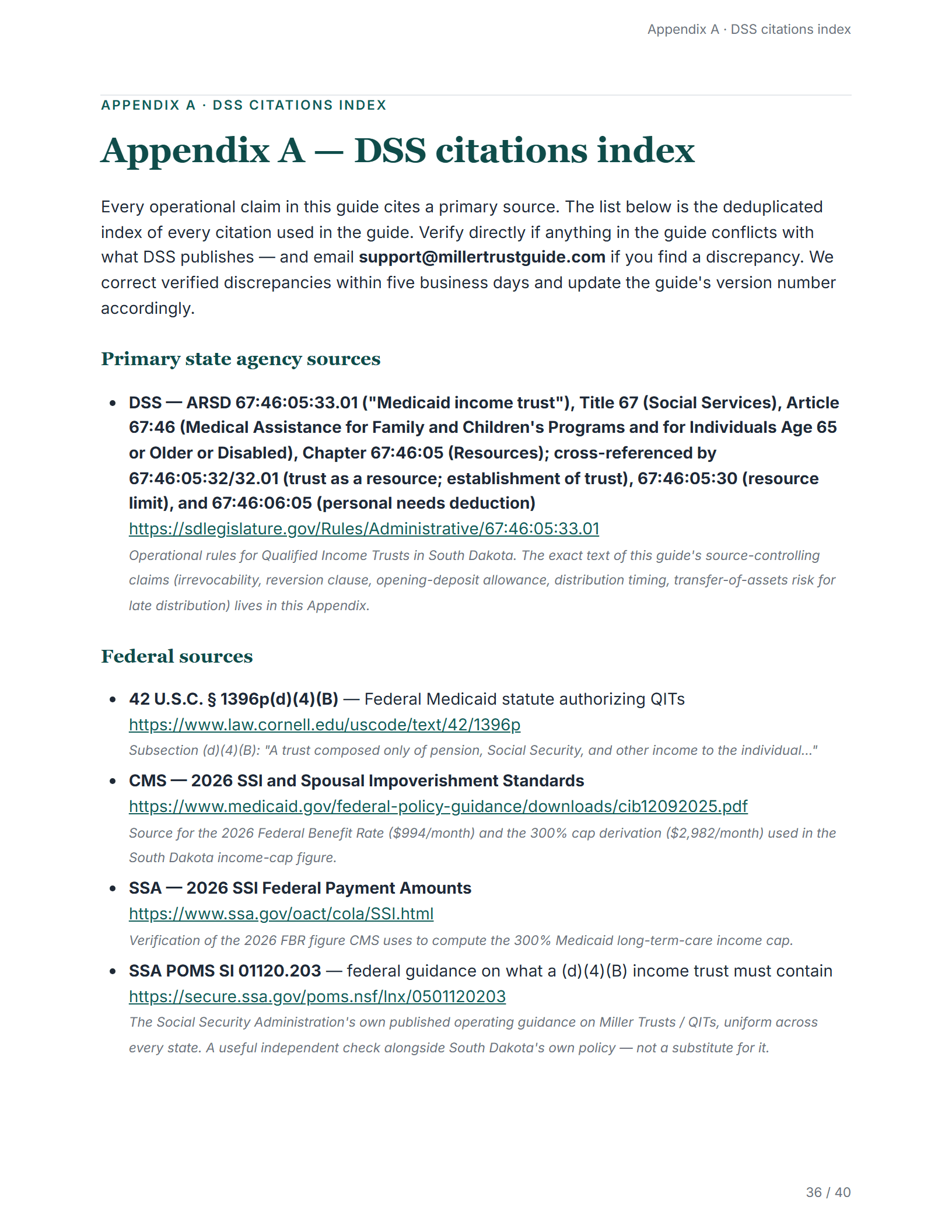 Citations index — sample page from the South Dakota Medicaid Income Trust guide