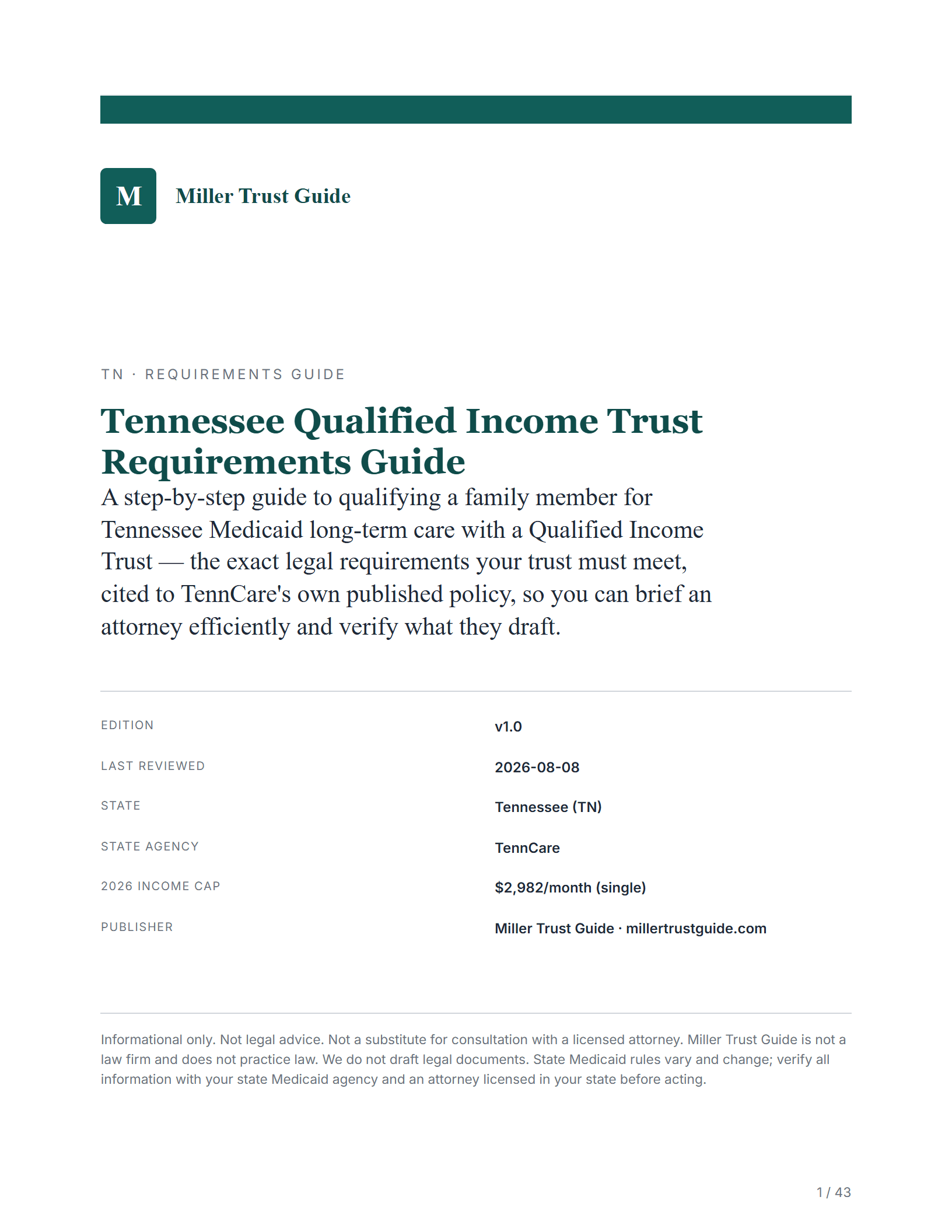 Cover & key facts — sample page from the Tennessee Qualified Income Trust guide