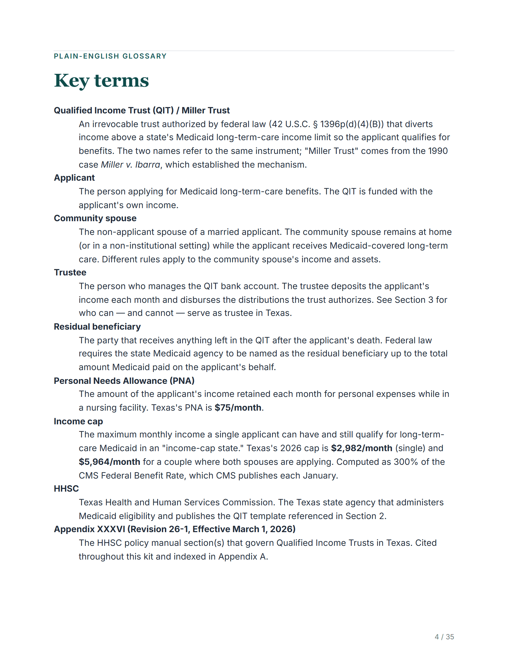 Plain-English glossary — sample page from the Texas Miller Trust kit
