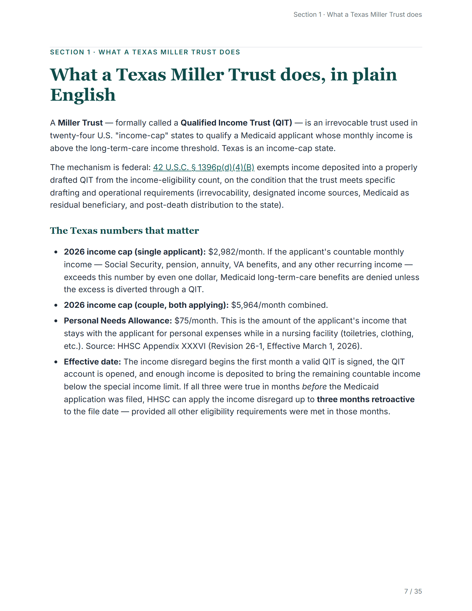 What it does, in plain English — sample page from the Texas Miller Trust kit
