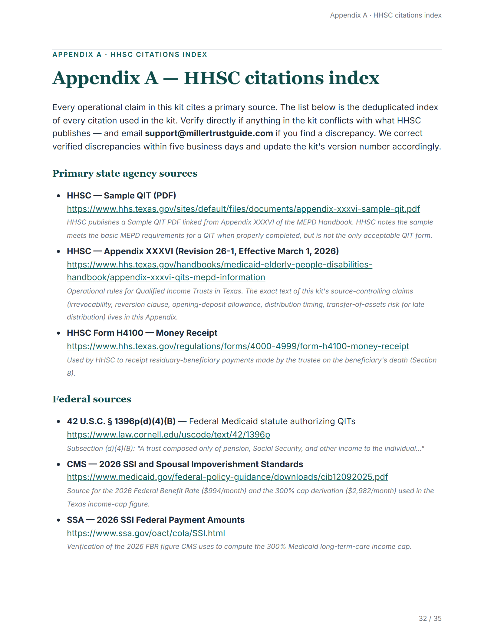 Citations index — sample page from the Texas Miller Trust kit