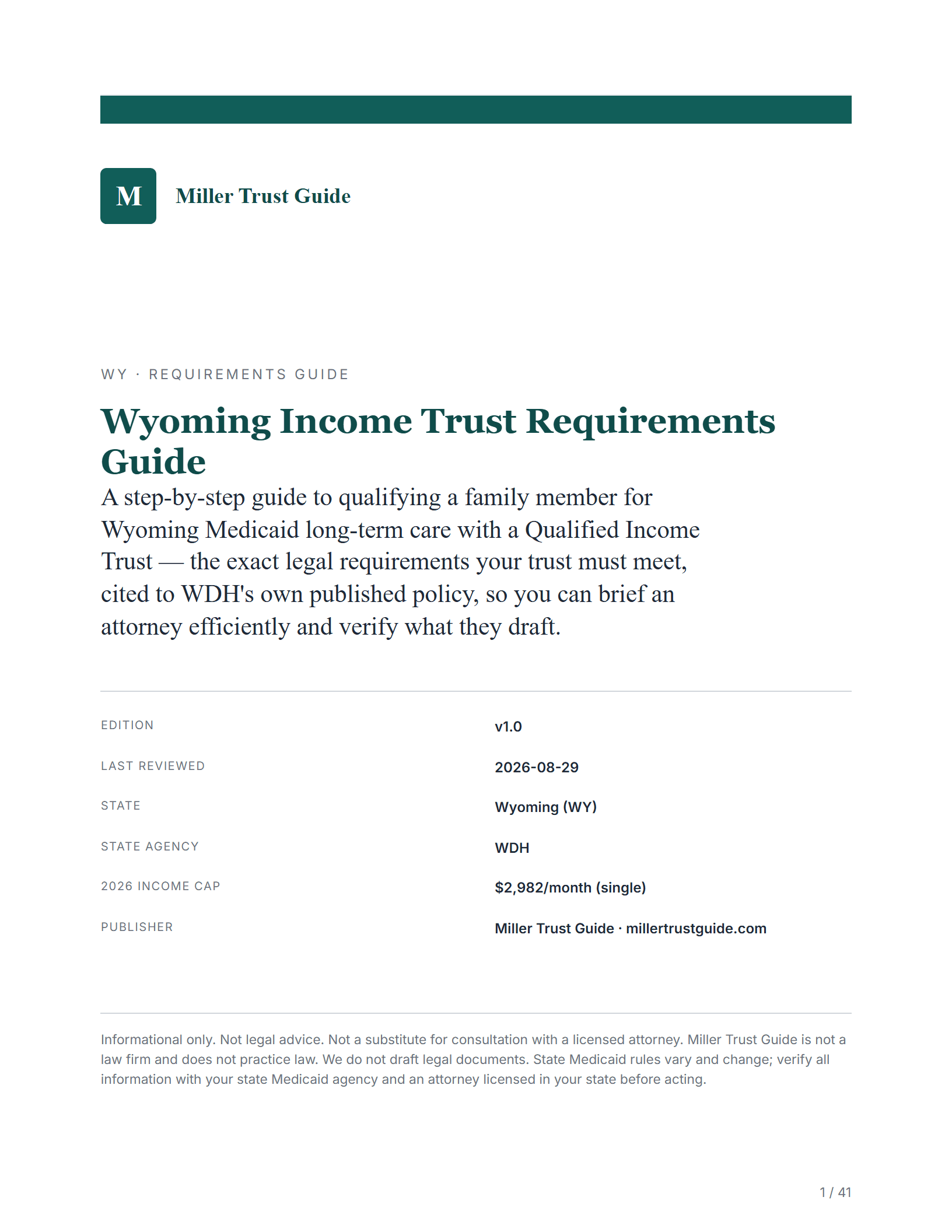 Cover & key facts — sample page from the Wyoming Income Trust guide